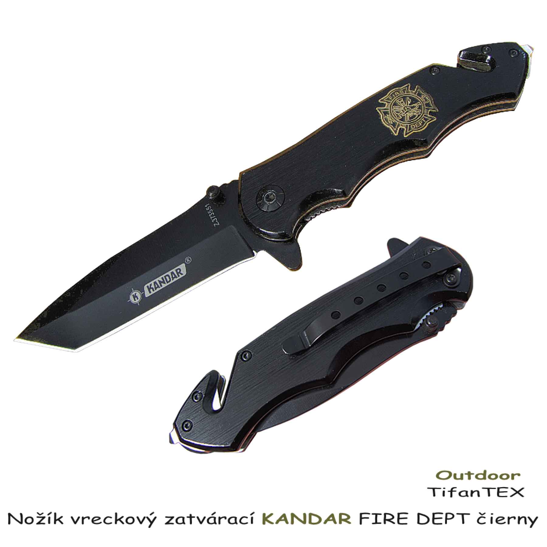 Záchranársky nožík vreckový otvárací KANDAR Fire Dept čierny - online Tifantex outdoor vreckove noze kandar