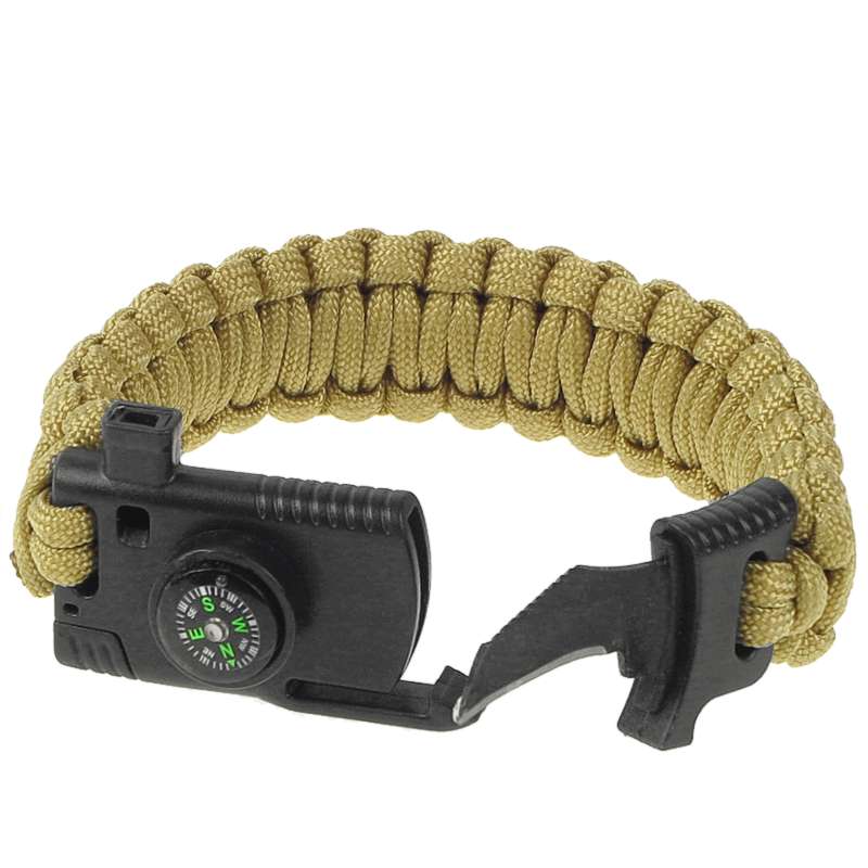 Paracord náramok Kompas Nôž Píšťalka fa. khaki Paracord náramok Kompas Nôž Píšťalka fa. khaki