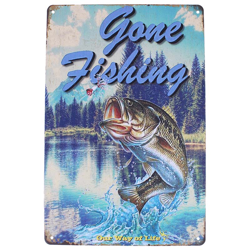 Kovová ceduľa retro Rybolov 20x30cm Gone Fishing